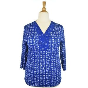 Uniti Blue and White Pattern V-Neck Blouse